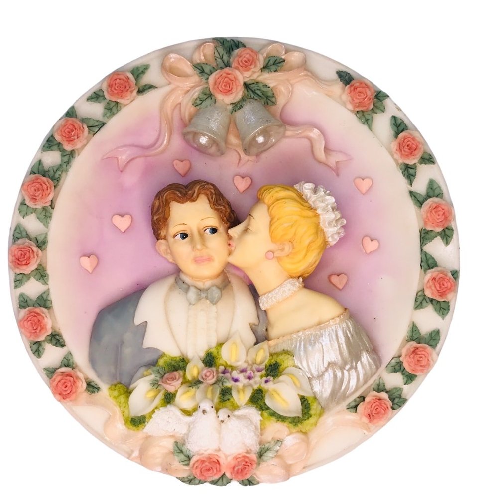 Sansco Wall Hanging Wedding Celebration Bride Kissing Groom Plate 1995 Vintage
